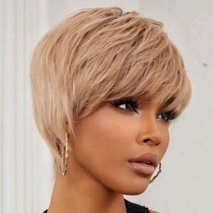 Gold Feathered Pixie Wig with Side-Swept Bangs